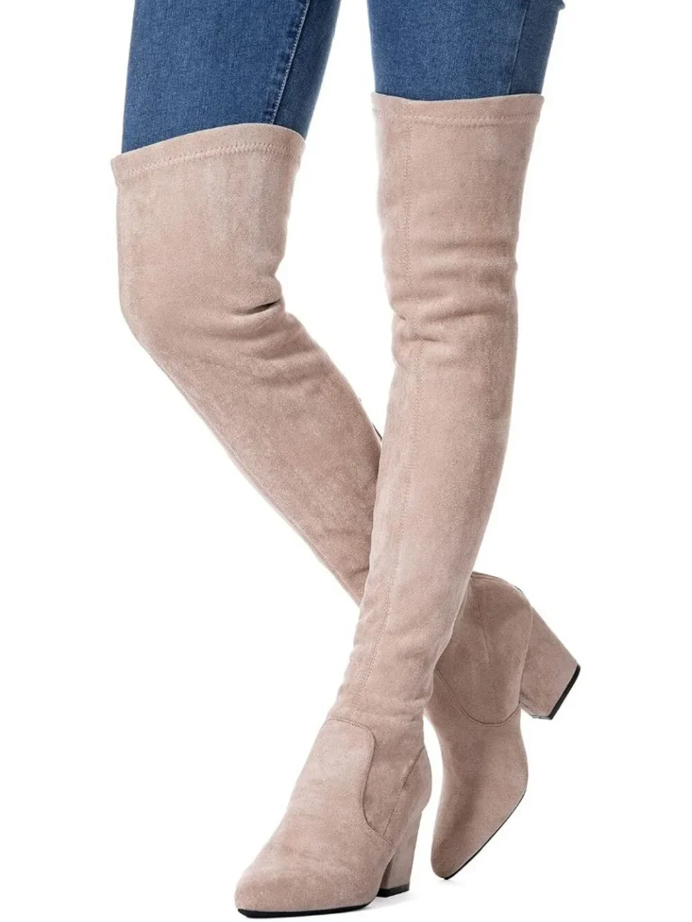 Women's Khaki Suede Pointed Toe Flat Comfort Over the Knee Thigh High Boots